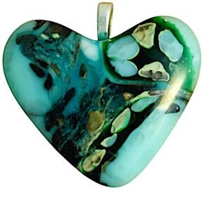 Heart Pendant Chain: Blue & Green Glass, Silver Bail